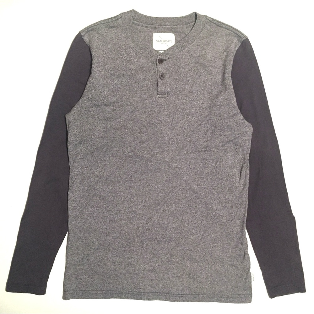 Saturdays Surf NYC Henley Top Long Sleeve T Shirt Baseball Crewneck Grey Beige S